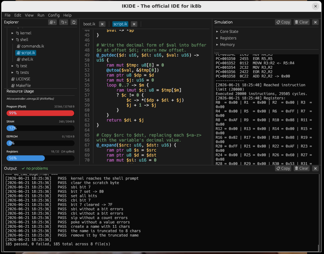 ikide editor with the ikOS source and the AVR simulator alongside.