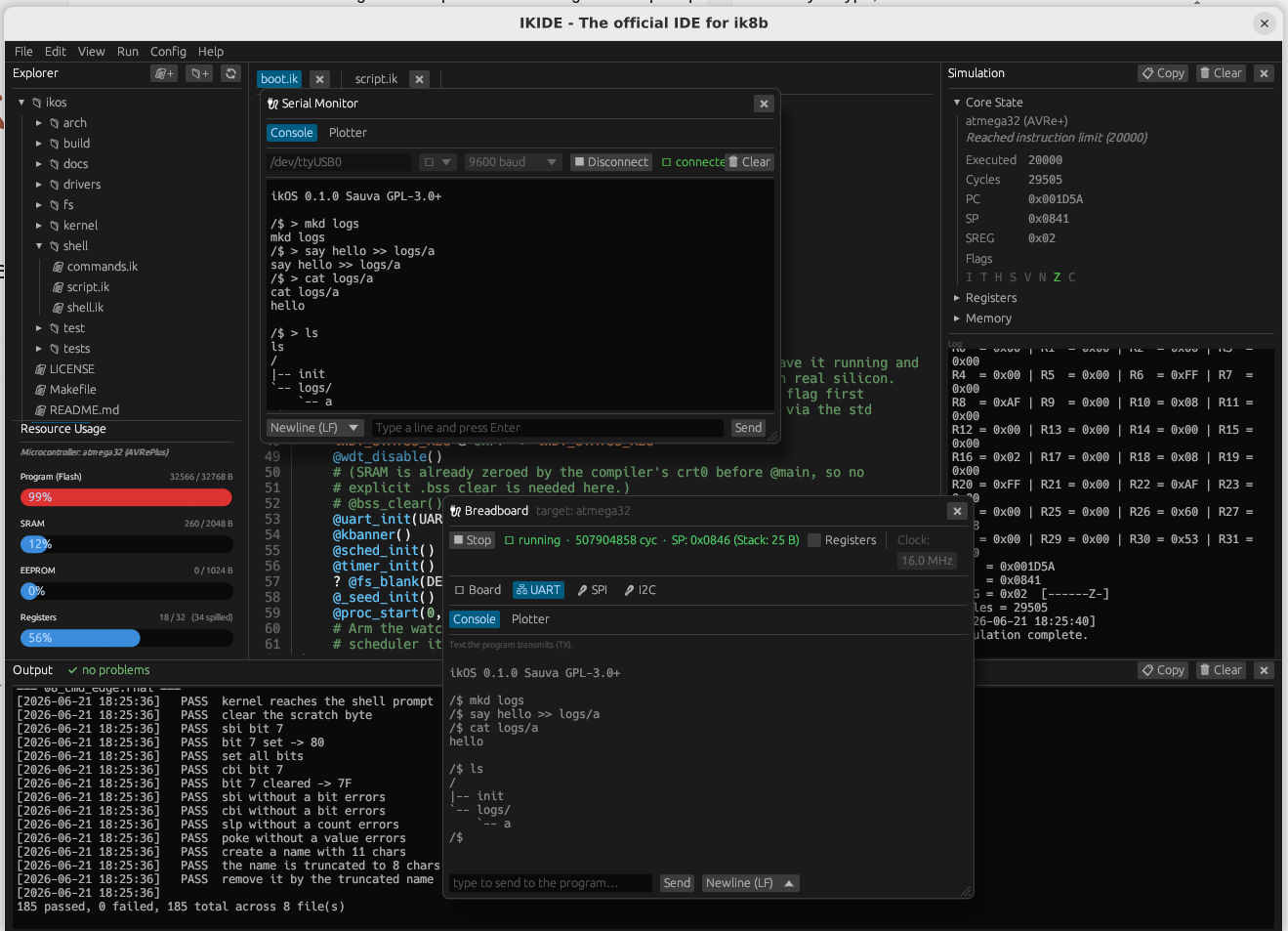 ikOS shell responding over the UART in ikide's serial monitor.
